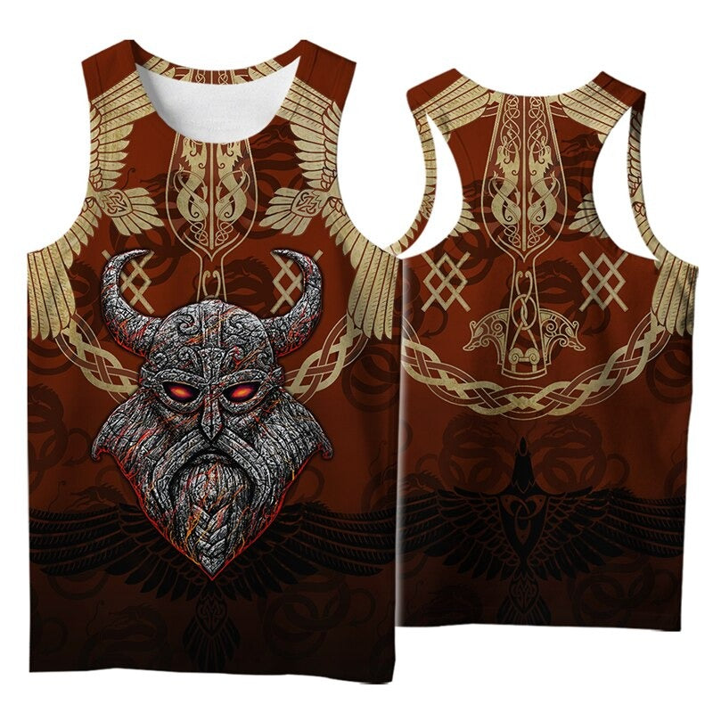 Men's Viking style sleeveless t-shirt with intricate 3D print featuring a horned skull design, perfect for summer streetwear.