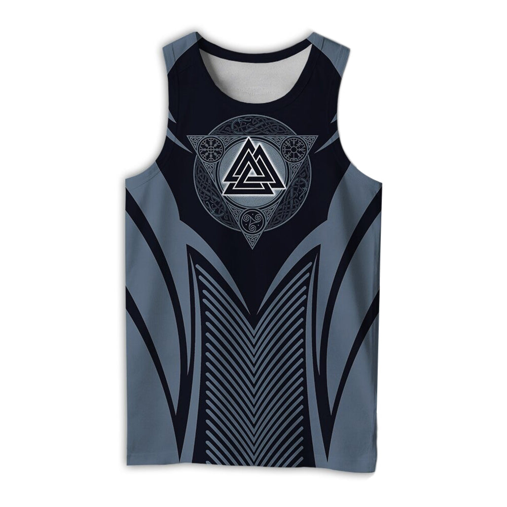 Viking style sleeveless T-shirt featuring dark blue and gray 3D print, perfect for summer streetwear.