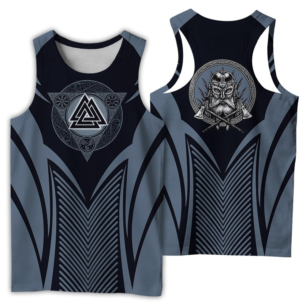 Viking style sleeveless t-shirt for men featuring a bold design and minimalistic print in dark blue and gray.