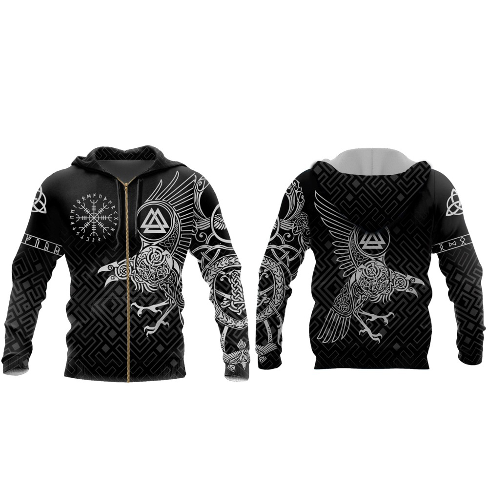Unisex Viking tattoo black hoodie showcasing intricate 3D designs and a stylish streetwear vibe.