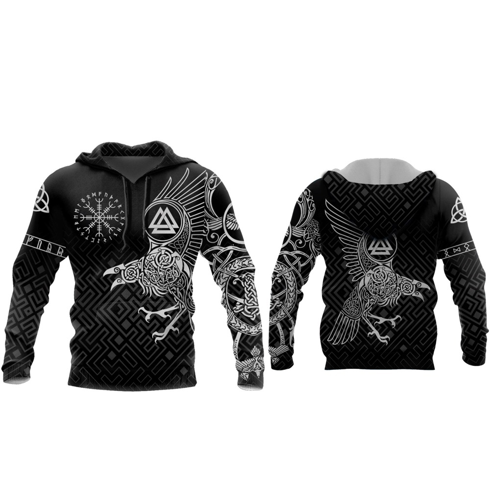 Stylish unisex black hoodie featuring Viking-inspired 3D tattoo designs with mythological elements.