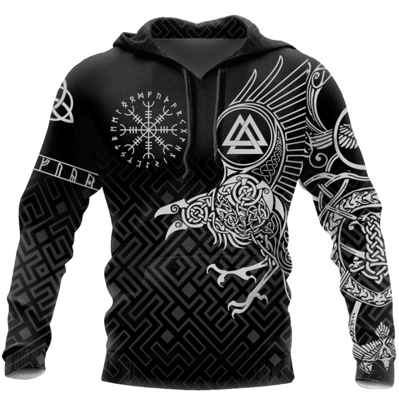 Viking tattoo 3D printed black hoodie featuring Norse designs and streetwear style.