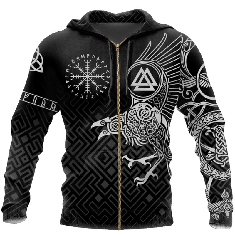 Unisex Viking tattoo black hoodie featuring intricate 3D designs and symbols for a stylish streetwear look.