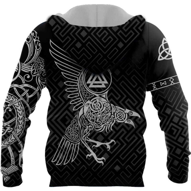 Viking tattoo 3D printed black hoodie showcasing intricate designs and a bold raven graphic for unisex streetwear.