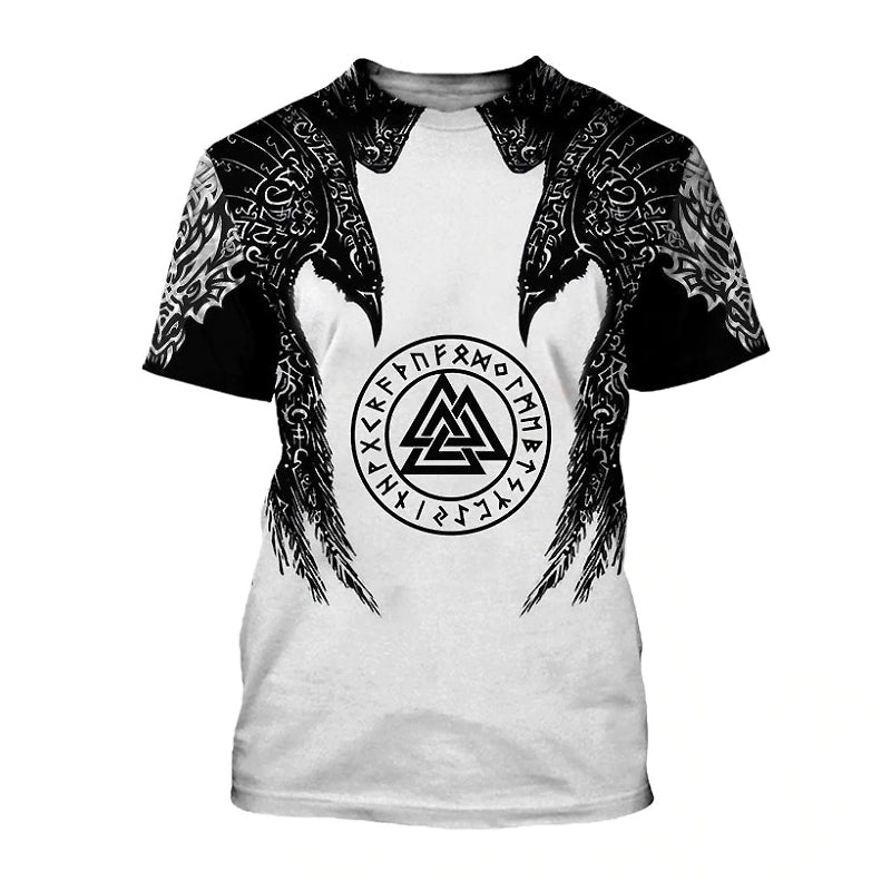 Viking Tree Print Graphic Tee with black crow designs and Celtic symbols on a white background.