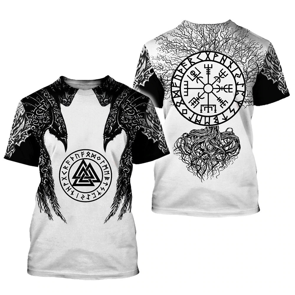 Viking Tree Print Graphic Tee featuring black and white designs, celtic symbols, and crow motifs on short sleeves.