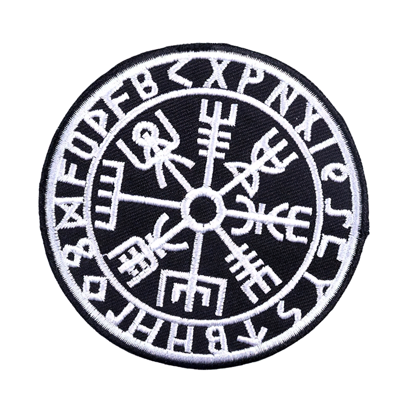 Viking Vegvisir Odin compass iron-on patch, stylish embroidery for clothing, unisex patch design.