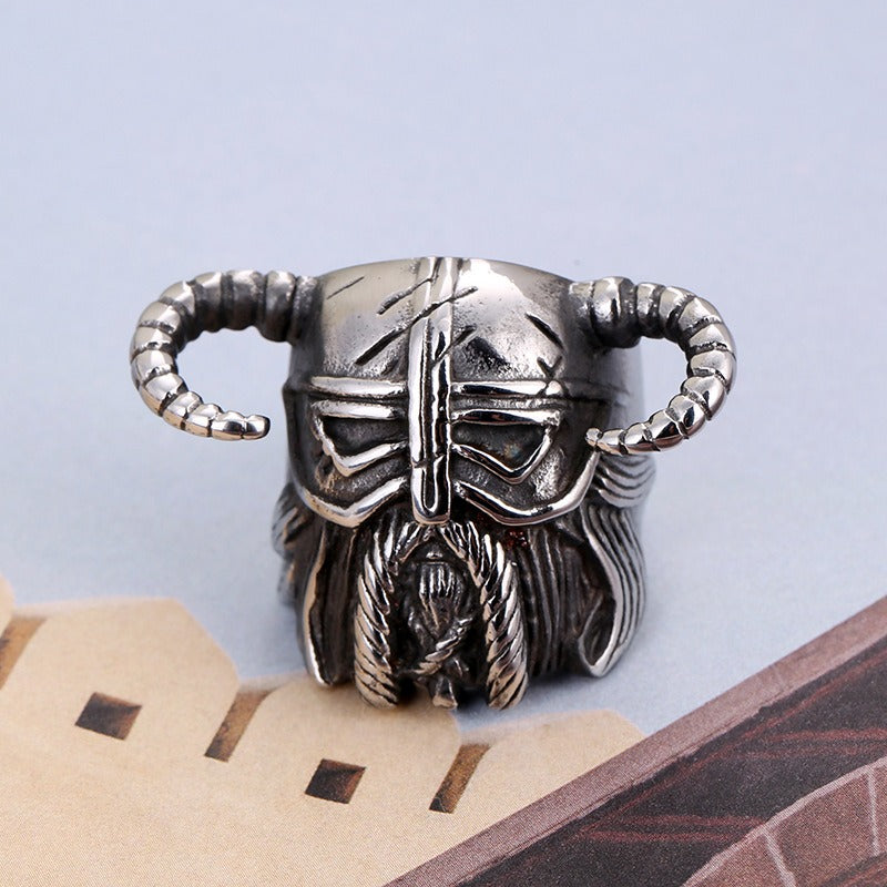 Viking helmet warrior ring in stainless steel featuring intricate horned design, perfect for a bold gothic look.