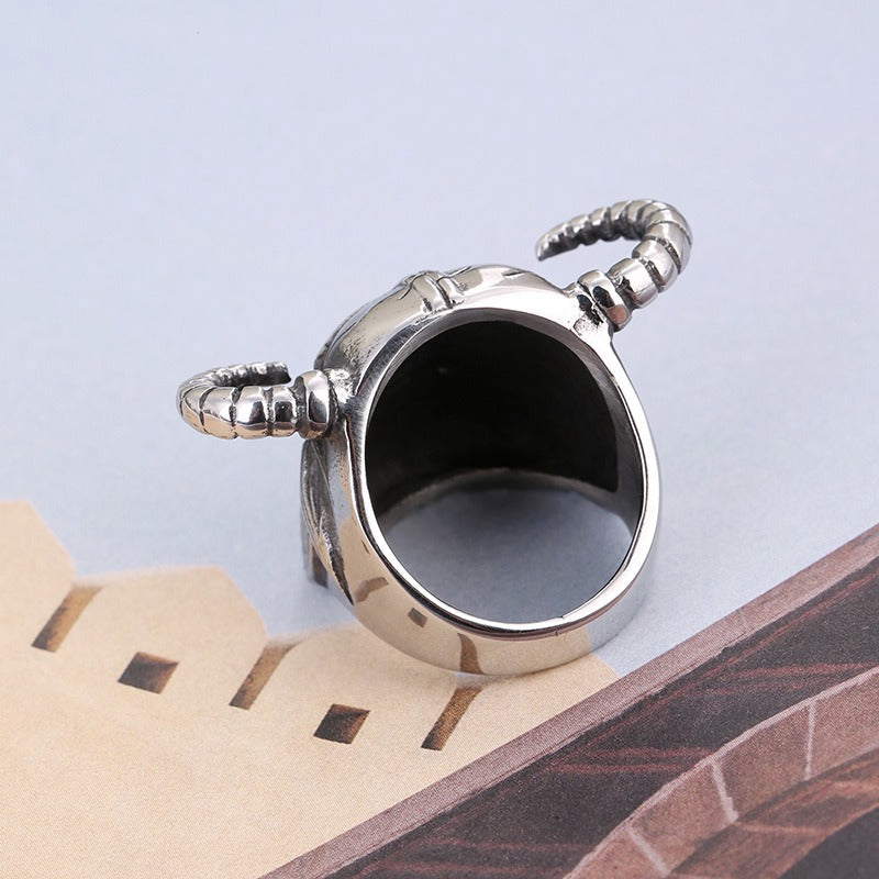 Viking helmet warrior ring in stainless steel with horn details, perfect for a unique gothic jewelry look.