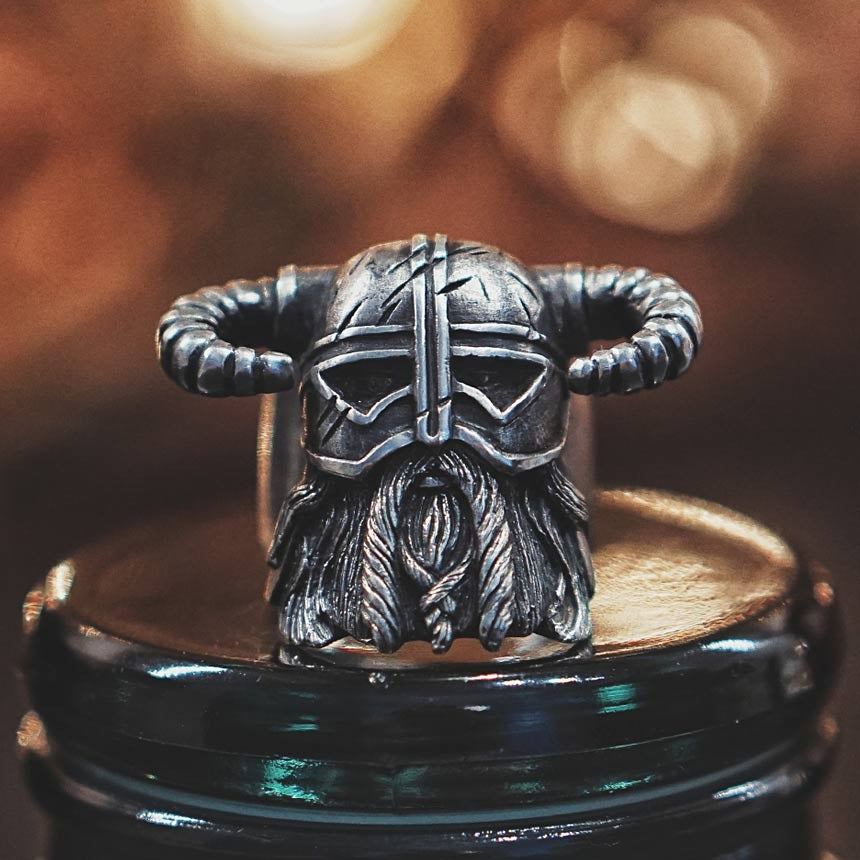 Viking helmet stainless steel ring with horns and beard, perfect for a bold unisex look.