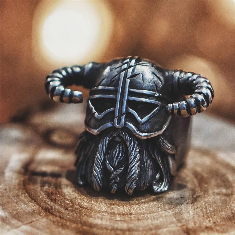 Nordic Viking helmet ring in stainless steel with intricate horn and beard details, perfect for a bold unisex style.