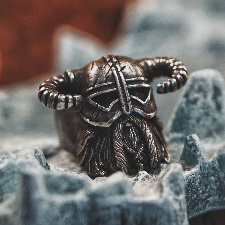 Viking helmet warrior ring in stainless steel with horn design, perfect for men and unisex gothic style jewelry.