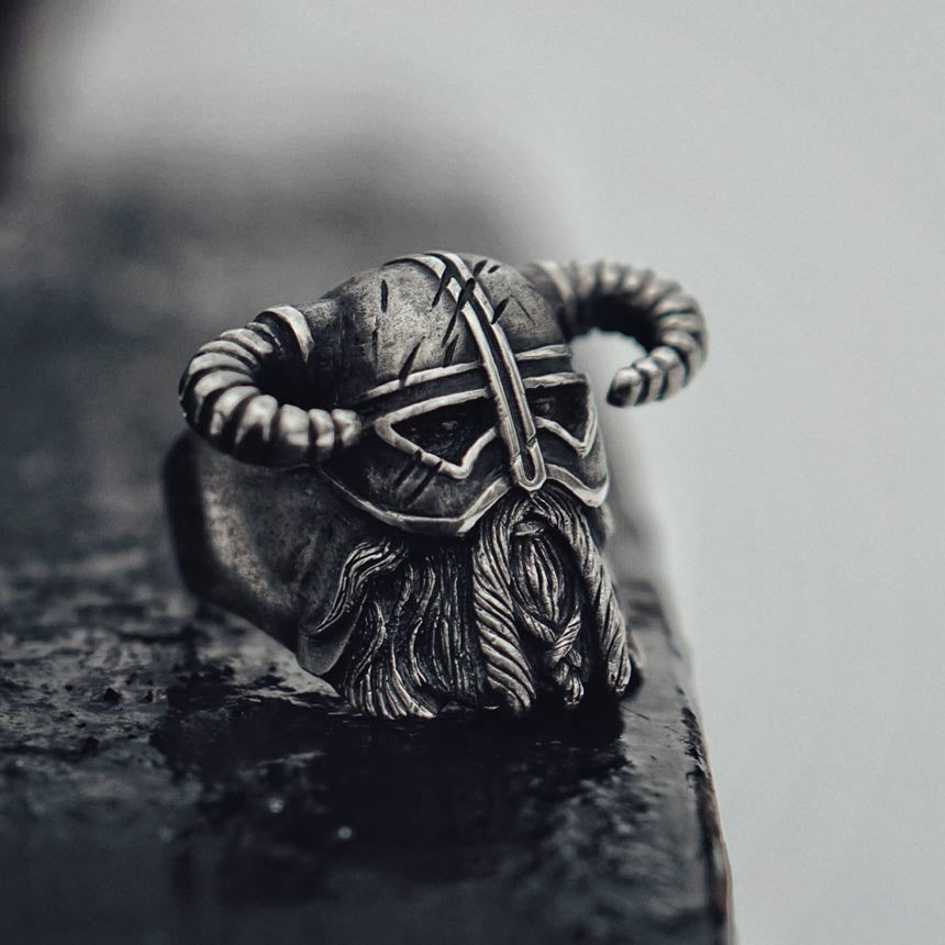 Viking helmet ring in heavy stainless steel, featuring detailed horned design for a bold and unique look.