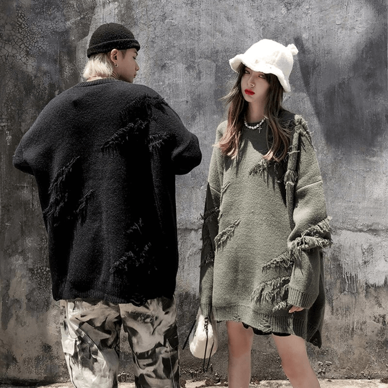 Stylish vintage oversized knitted sweaters for men in black and green, featuring ripped design elements.