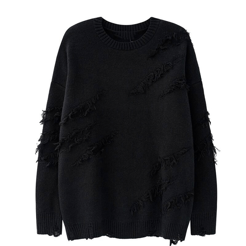 Vintage black oversized knitted sweater with ripped design for men, perfect for stylish vintage outfits.