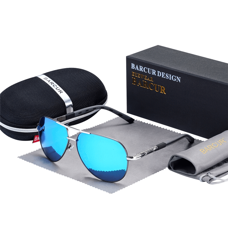 Vintage aluminum polarized sunglasses for men and women with blue lenses in stylish packaging.