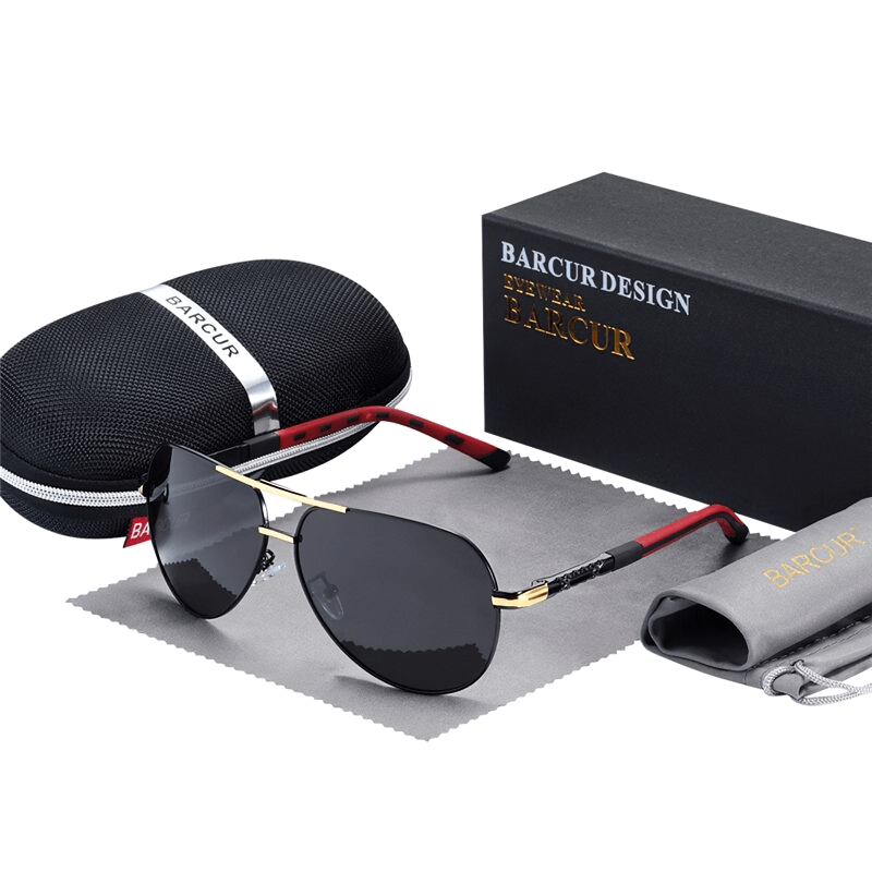 Vintage aluminum polarized sunglasses in a stylish case with cleaning cloth, perfect unisex eyewear accessory.