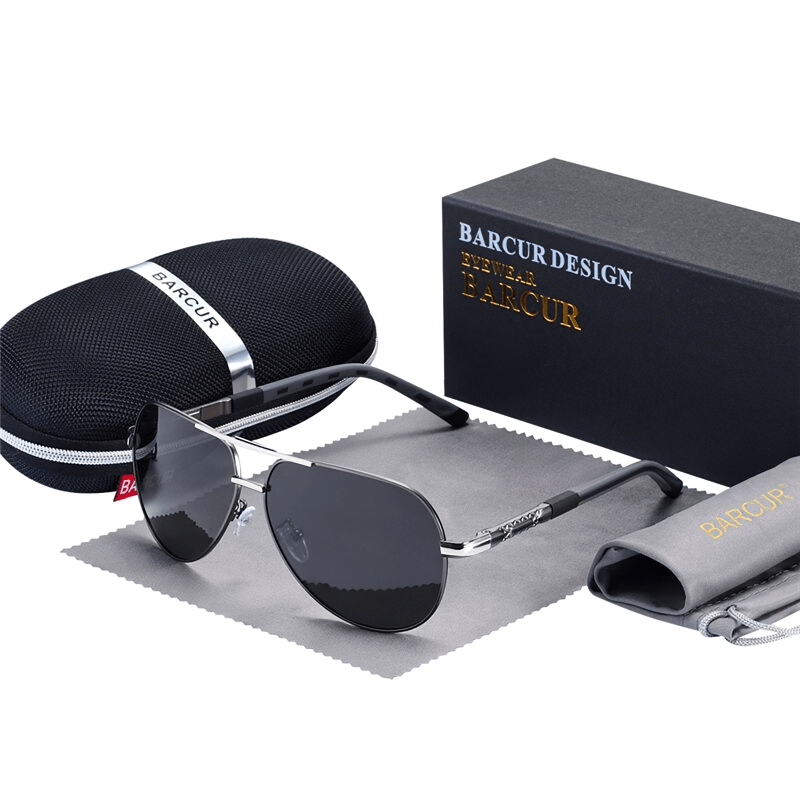 Vintage aluminum polarized sunglasses for men and women in stylish packaging and accessories.