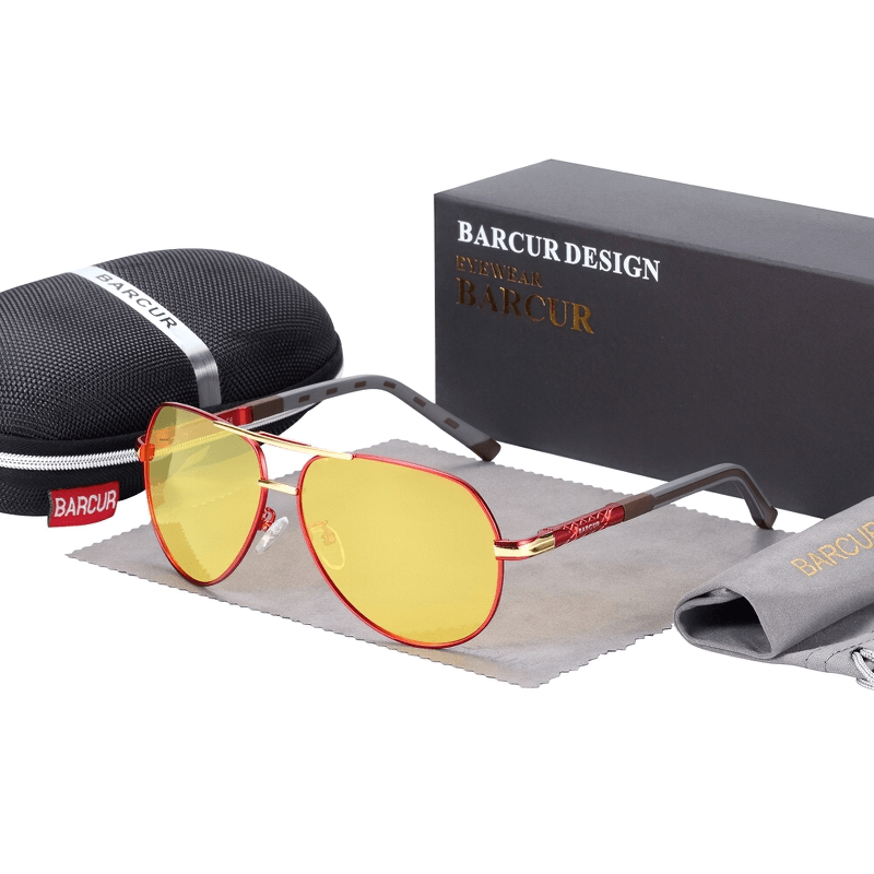 Vintage unisex aluminum polarized sunglasses with yellow lenses, packaging, and accessories. Classic eyewear for stylish protection.