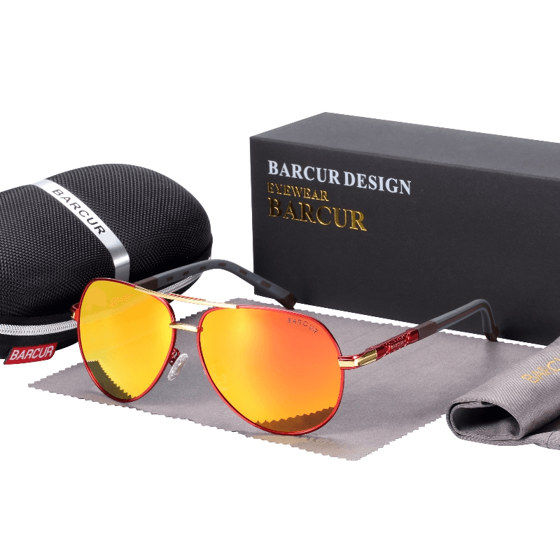 Vintage aluminum polarized sunglasses in red and orange, stylish unisex eyewear with protective case and cloth.