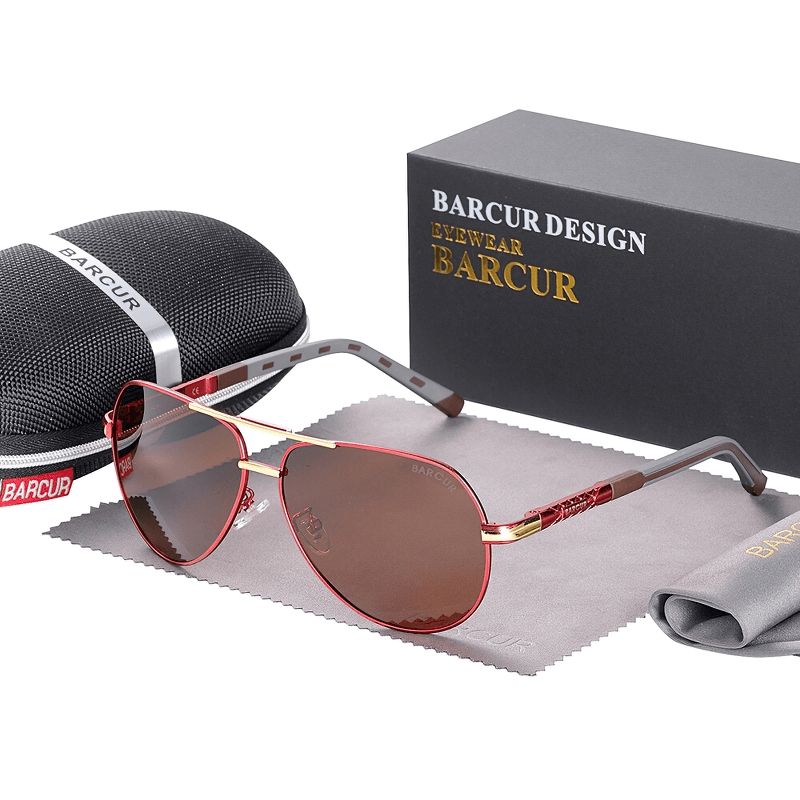 Vintage unisex aluminum polarized sunglasses in red, displayed with designer case and cleaning cloth.