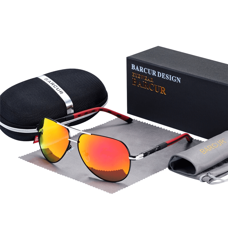 Vintage unisex aluminum polarized sunglasses with red mirrored lens, sleek case, and cleaning cloth for stylish protection.