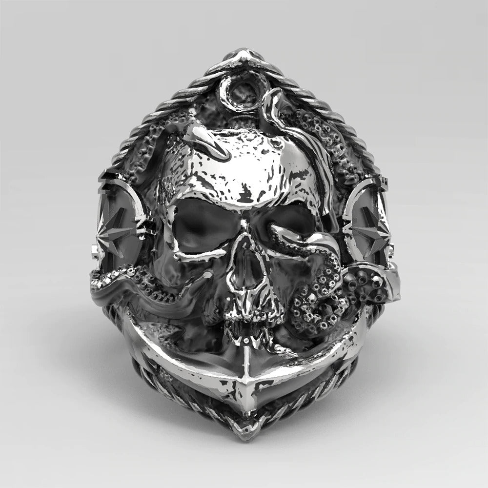Vintage punk skull ring with anchor and octopus design, perfect for bikers and unique jewelry lovers.