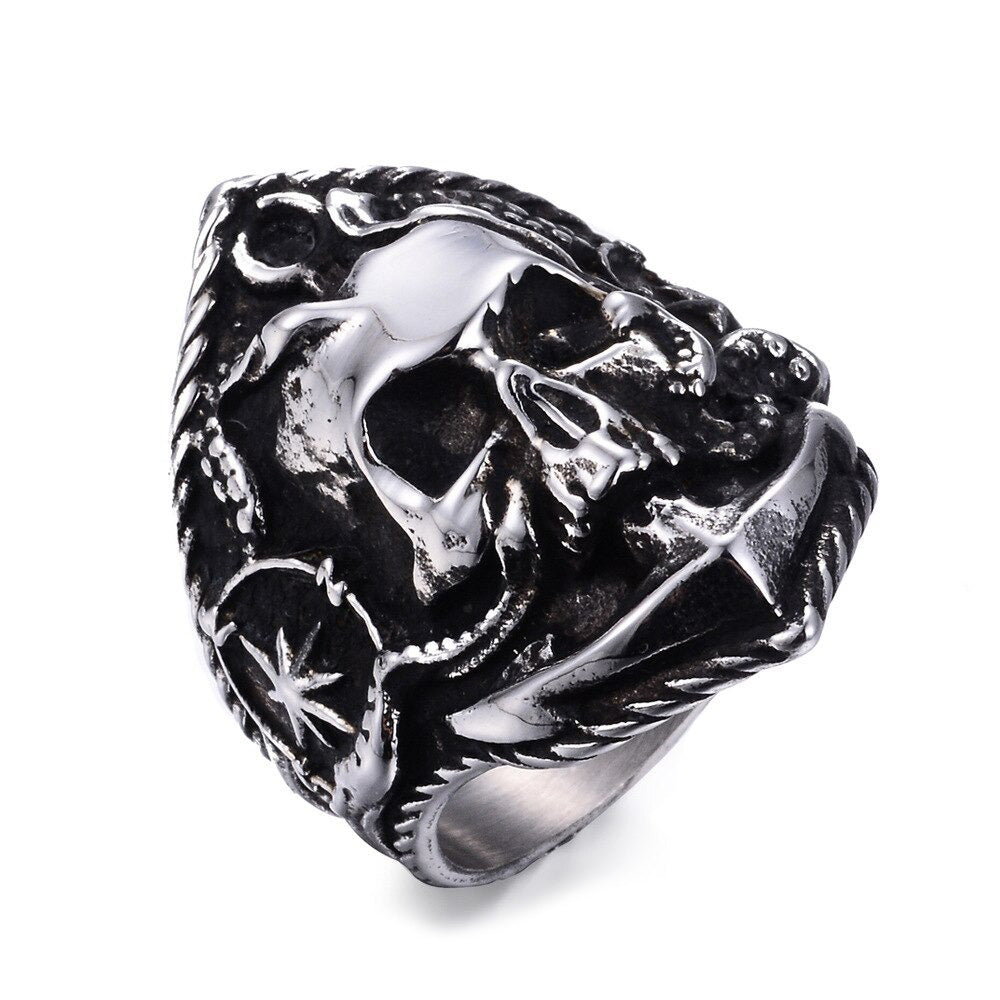 Vintage anchor skull ring with compass and octopus design for punk bikers, made of metal and zinc alloy.