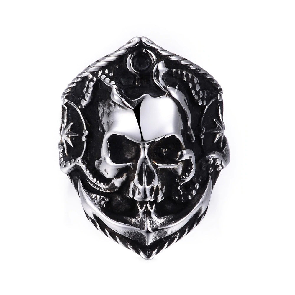 Vintage punk skull ring with anchor and octopus design, perfect for bikers and unique jewelry lovers.