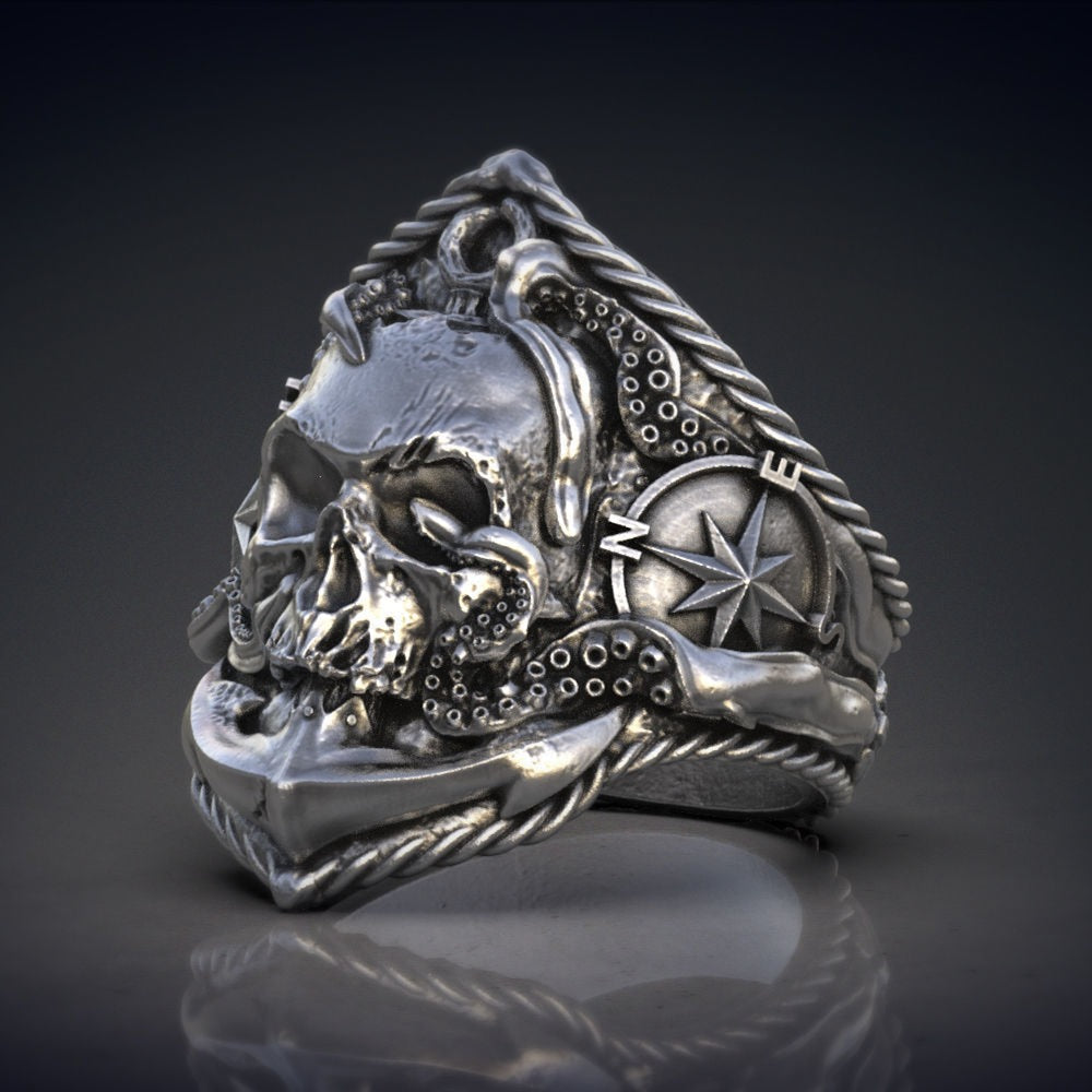 Vintage anchor skull ring with octopus tentacles and compass detail, perfect for punk biker style.