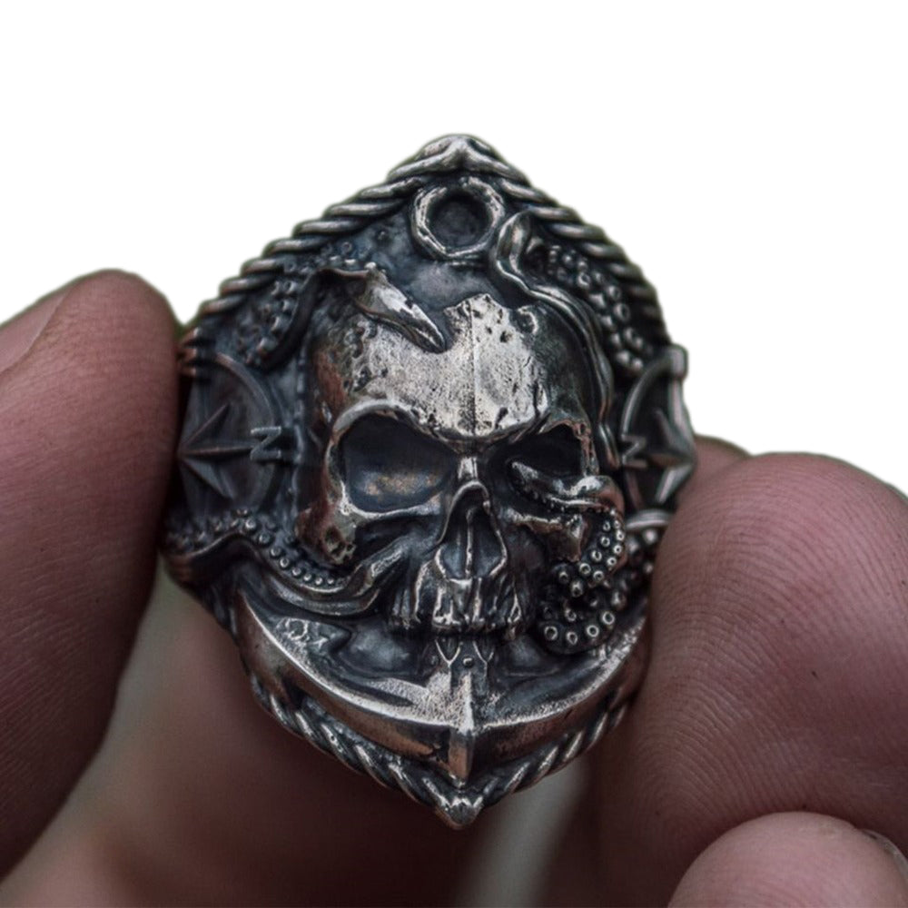 Vintage Anchor Skull Rings / Buccaneer Compass Octopus Tentacle Skull Ring / Punk Biker Jewelry - HARD'N'HEAVY