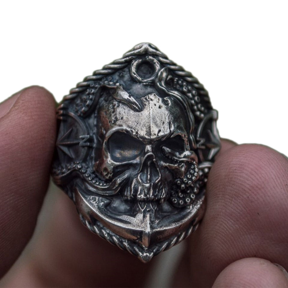 Vintage anchor skull ring with octopus design, bold punk jewelry for bikers, detailed metal craftsmanship.