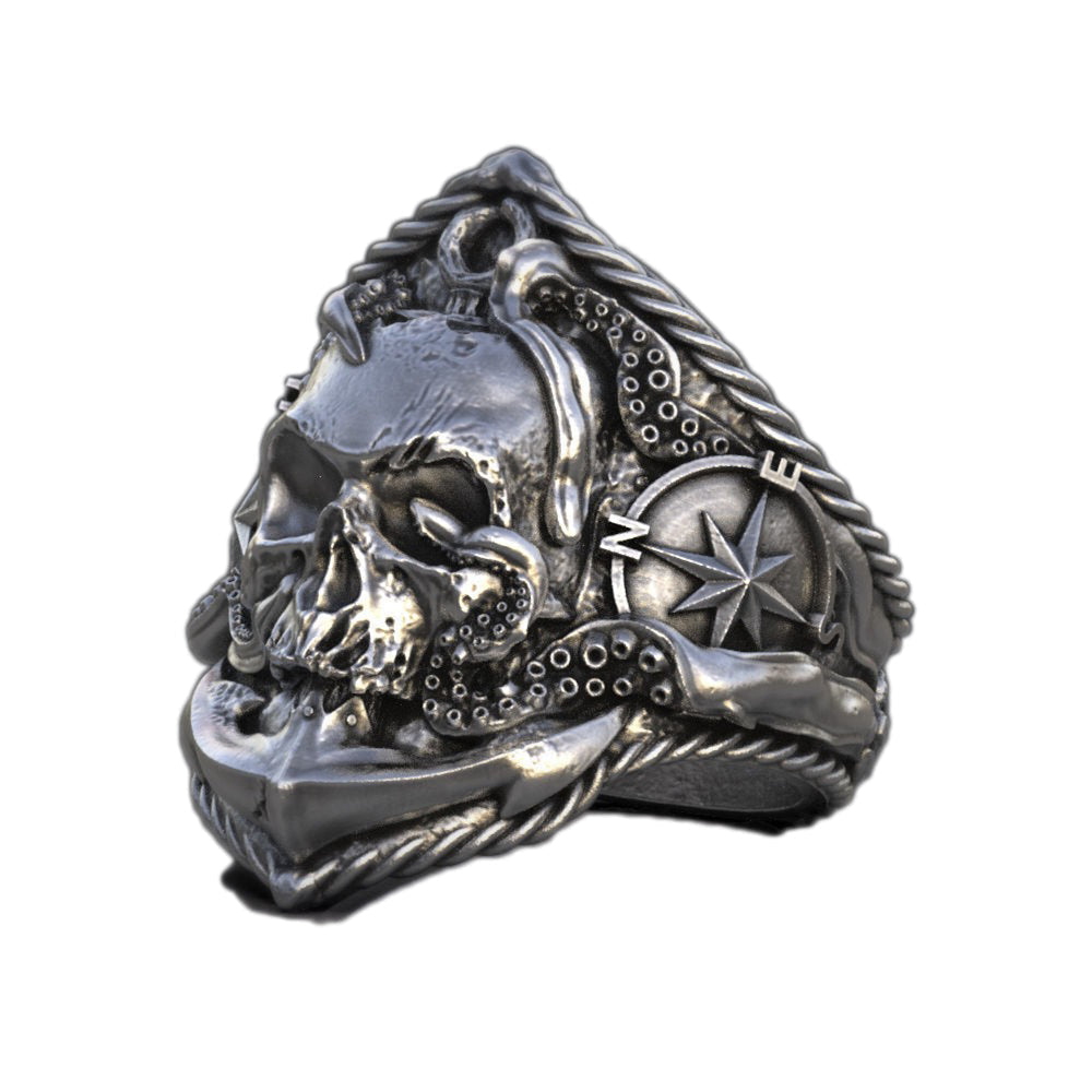 Vintage punk skull ring with octopus tentacles and compass, perfect for bikers and punk style enthusiasts.