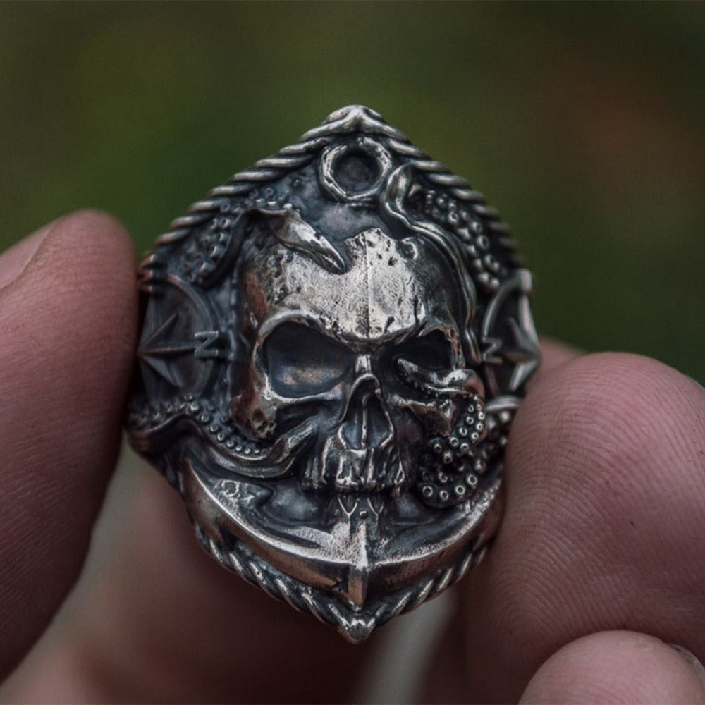 Vintage punk skull ring with octopus and compass design, perfect for unique biker jewelry.