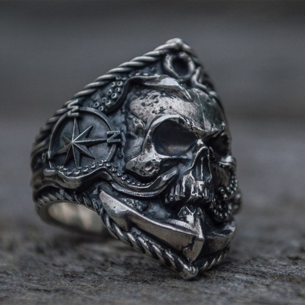 Vintage anchor skull ring with compass and octopus tentacle design, perfect for punk biker jewelry lovers.