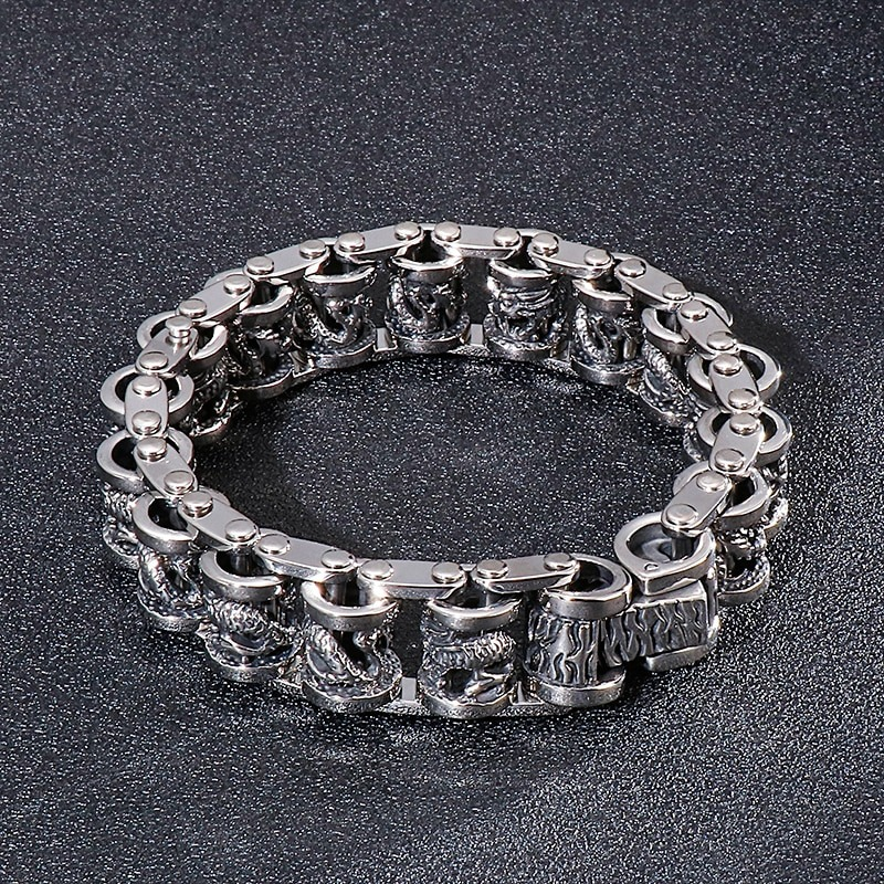 Vintage dragon totem stainless steel bracelet for men, punk style jewelry with unique charms.