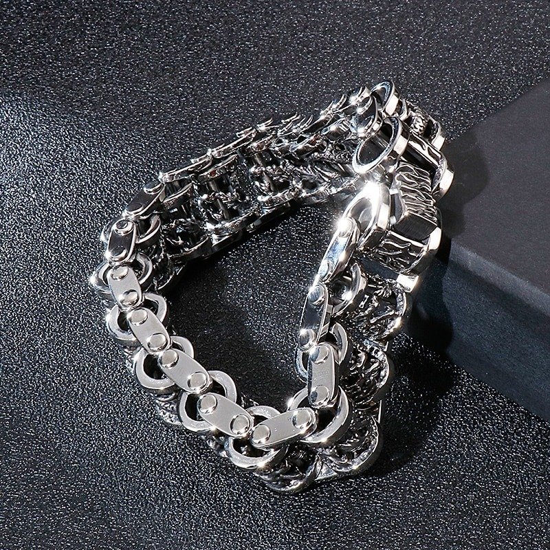 Stylish stainless steel vintage dragon totem bracelet for men, featuring punk-style design and sleek finish.