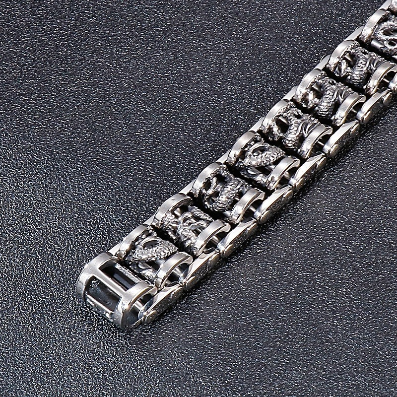 Vintage ancient dragon totem stainless steel men's bracelet in punk style, featuring intricate charms and bold design.