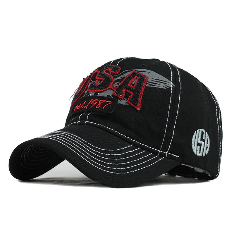 Vintage black baseball cap with USA letter pattern, stylish rock accessory for unisex, perfect for sun protection.