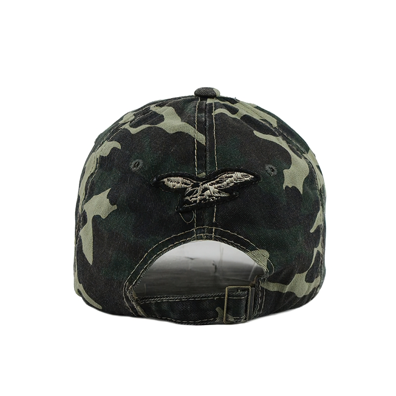 Back view of a vintage camouflage baseball cap with detailed stitching and adjustable strap, perfect for unisex rock style.