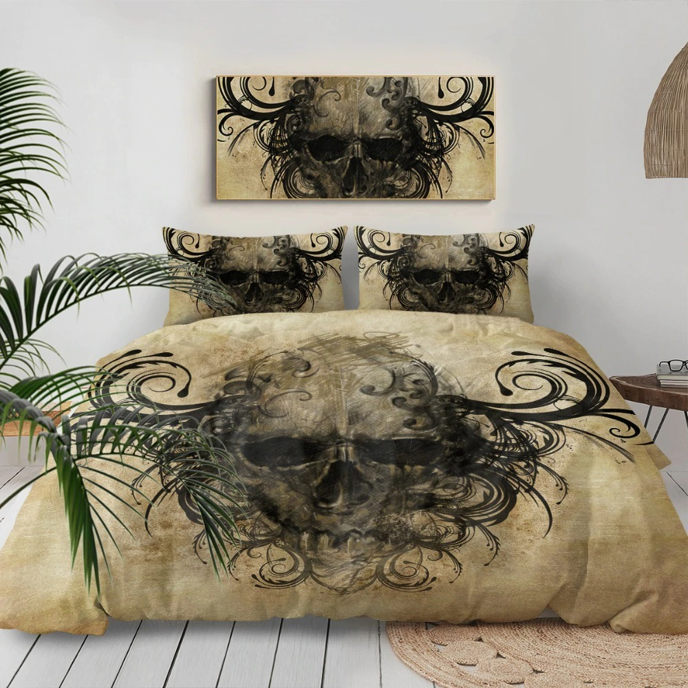 Vintage gothic bedding set with skull print, including duvet cover and pillows in stylish design.