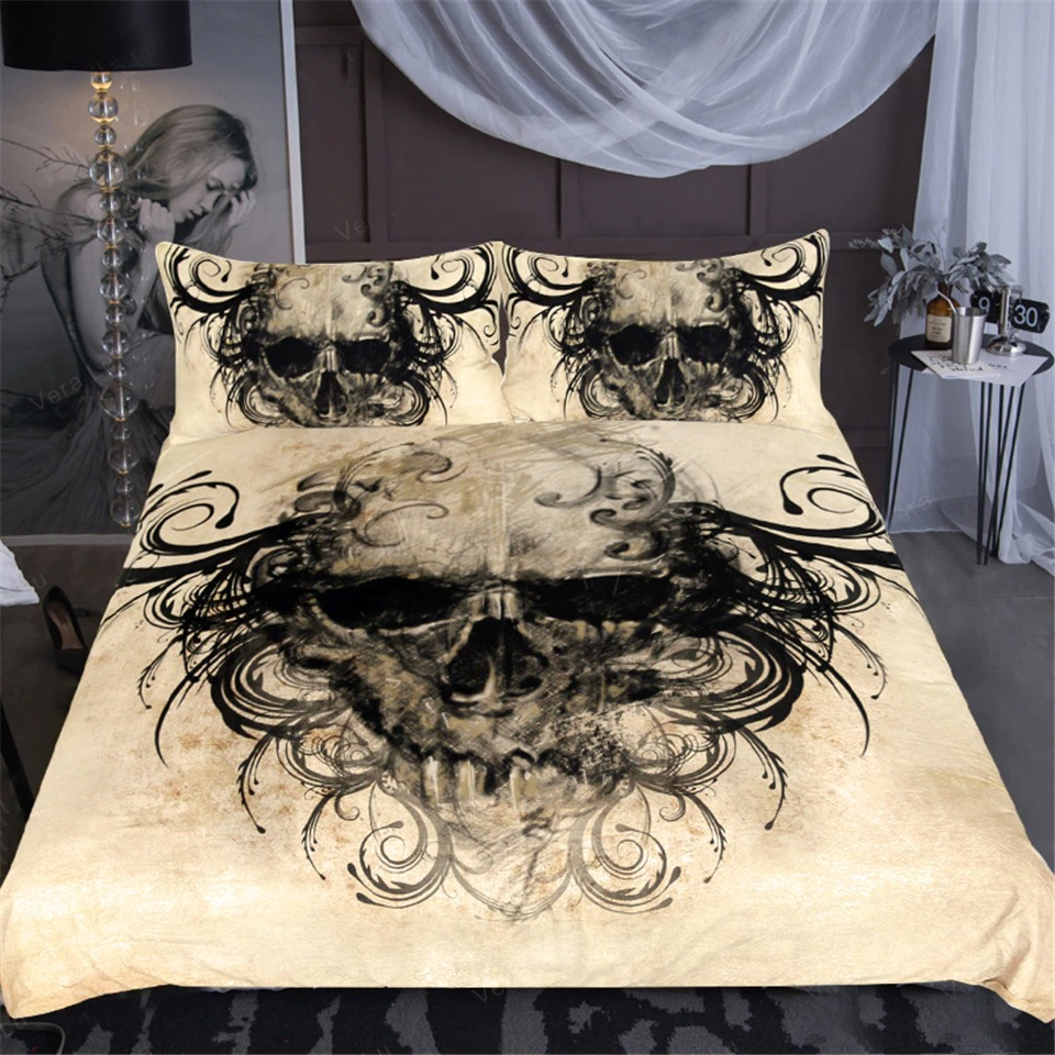 Vintage skull print bedding set in gothic style, featuring a duvet cover and matching pillow shams.