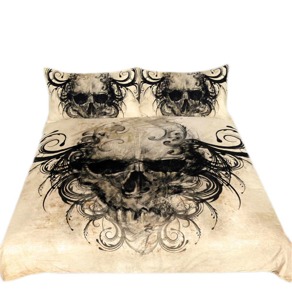 Vintage gothic bedding set with skull print, featuring intricate designs on duvet cover and pillows.