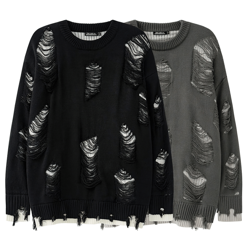 Vintage oversized knitted sweaters in black and grey with ripped designs for casual style.