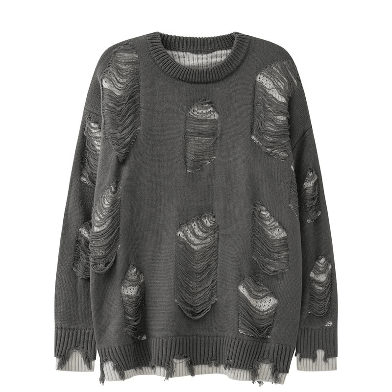 Vintage ripped oversized knitted sweater in grey with a casual O-neck design, perfect for stylish layering.