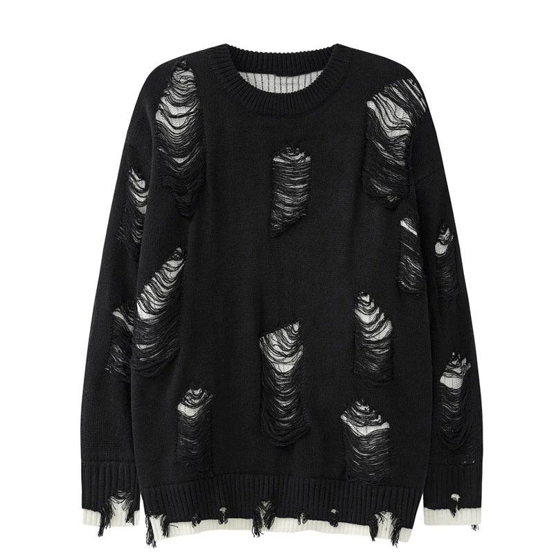 Vintage Beggar Hole Knitted Sweaters / Casual O-Neck Ripped Oversized Jumpers