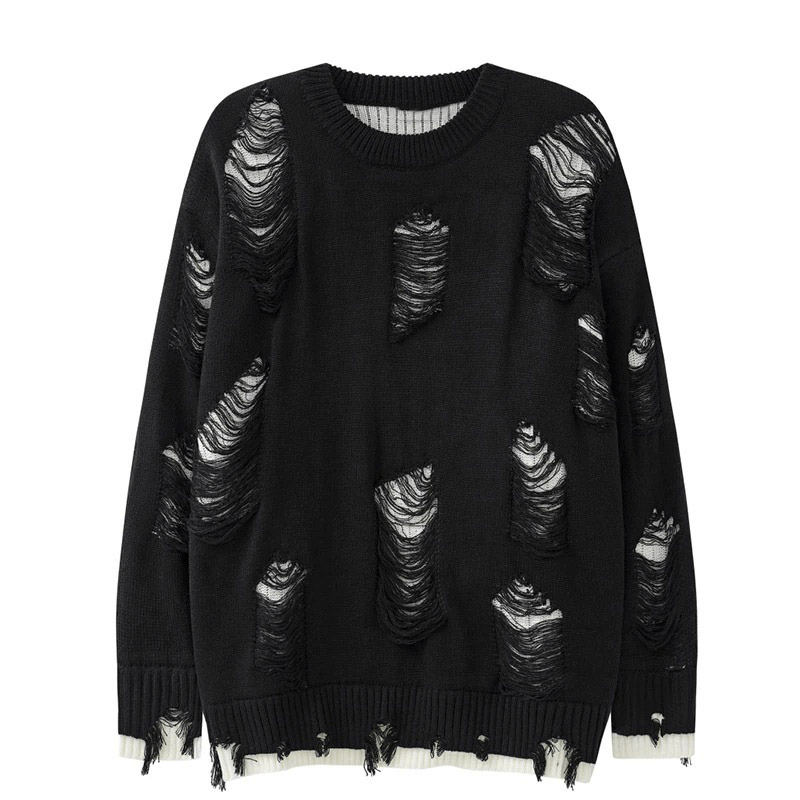 Vintage black knitted sweater with ripped design, oversized casual style for cozy outfits.