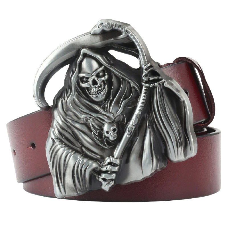 Vintage unisex leather belt featuring a striking death buckle with scythe design for alternative rock fashion.