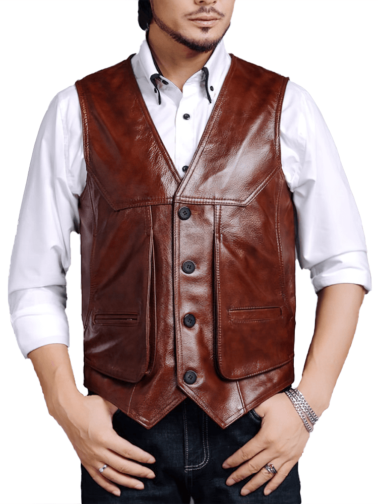 Vintage brown cow leather men's vest in rock style, perfect for any edgy look or casual wear.