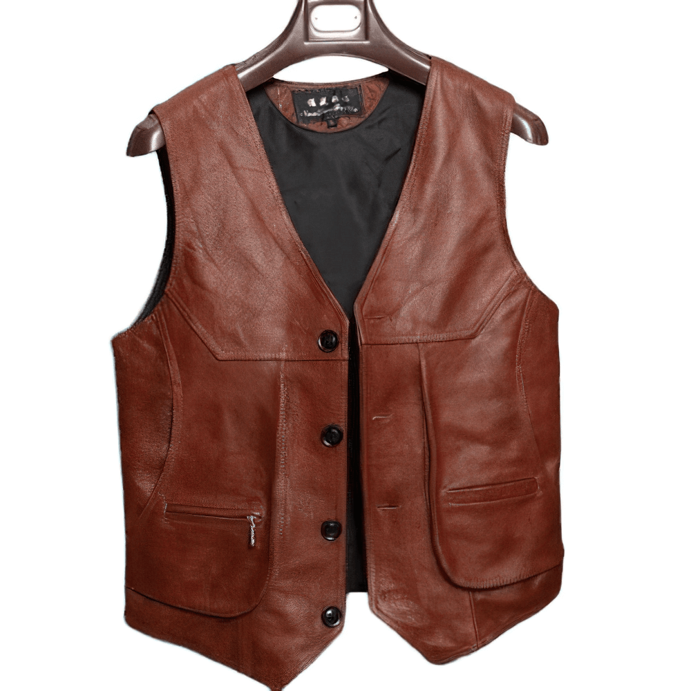 Vintage style brown leather biker vest for men, made from genuine cowhide, perfect for a rock-inspired look.